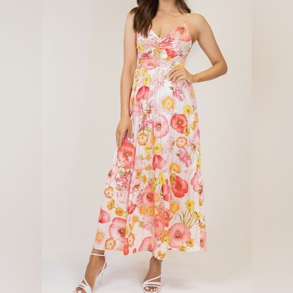 bloomingdales brown dress Taveuni Cowl-Neck Hardware-Detail Maxi Dress in Pink Orchid Print